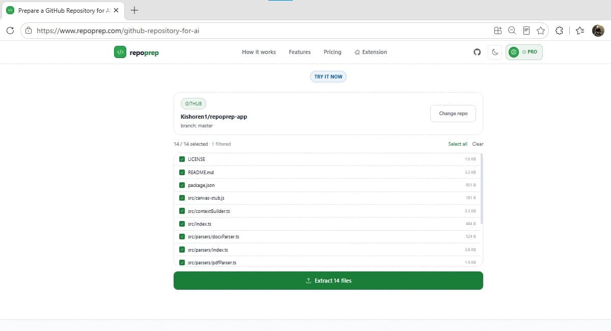 repoprep file selection screen for a GitHub repository, showing filtered files with checkboxes