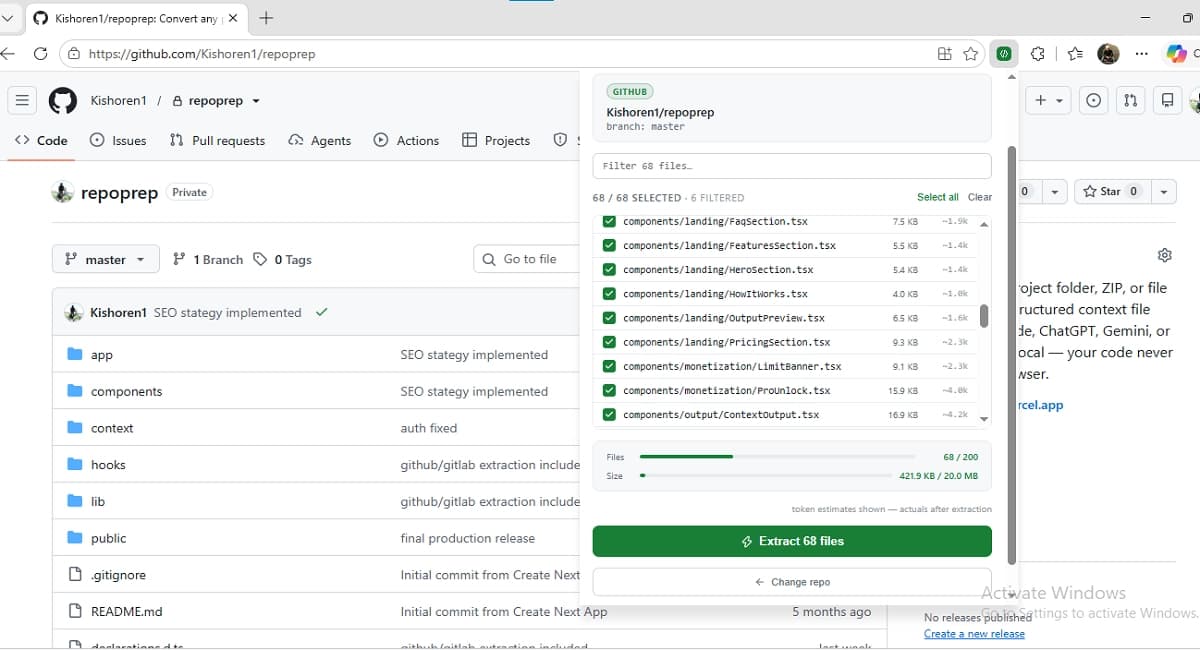 repoprep Chrome extension running on a GitHub repository page