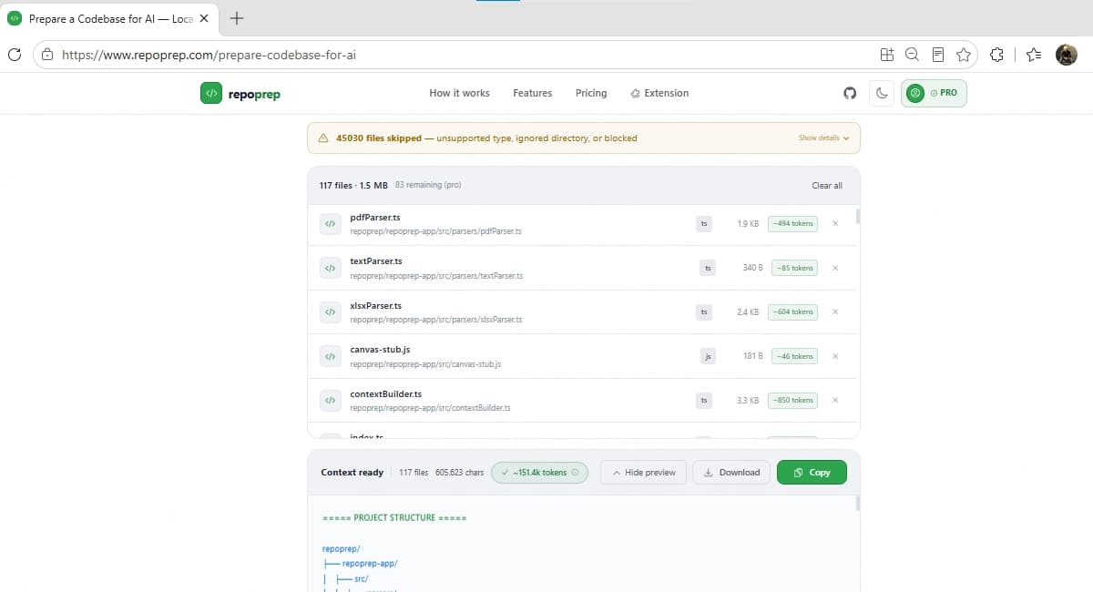 repoprep local file upload screen showing selected files and free/pro usage limits